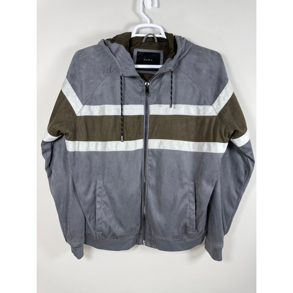 Zara Faux Suede Colorblock Hooded Jacket Mens XL Grey Olive Green Full Zip Y2K